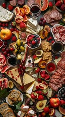 Fototapeta premium A variety of cheeses, fruits, crackers, and wine