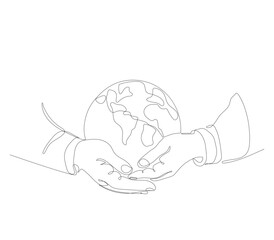 Continuous one-line drawing of small earth in hand. Earth day concept, vector illustration.