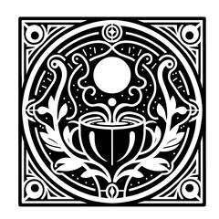 Fototapeta premium Hot Chocolate in decorative emblem ornament, Victorian, art deco, art nouveau, boho, bohemian, folk, flourish