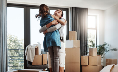 New home, mom and hug child to celebrate house sale, property investment and laughing. Mother, girl...