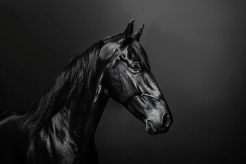 Beautiful horse portrait on a black background, a close-up of the head and neck in profile view. Black and white photography in the style of studio lighting.


