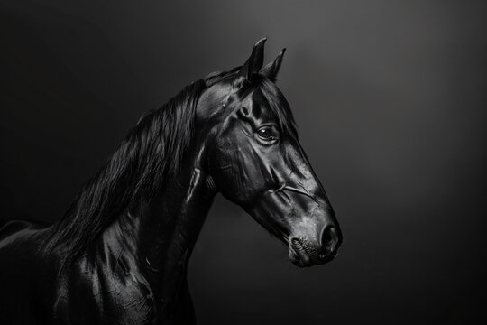 Beautiful horse portrait on a black background, a close-up of the head and neck in profile view. Black and white photography in the style of studio lighting.


 - Powered by Adobe