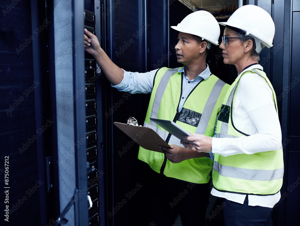 Fototapete Data center, engineer and tablet for maintenance, safety and checklist as programmer in information technology. Male person, woman and hardware inspection for security, server room and system update