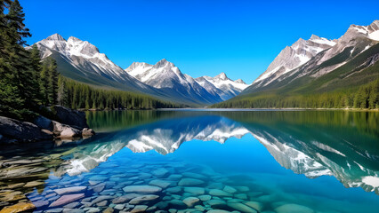 Fototapeta premium A stunning landscape of a rocky mountain lake, crystal clear water reflecting the rugged peaks 