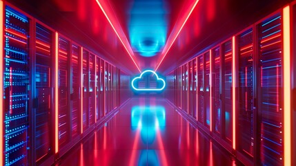 Futuristic Data Center with Neon Lighting.Cloud Services Powering Digital Transformation