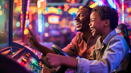 A heartwarming moment of a father and son enjoying a racing arcade game together.