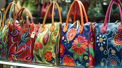 Colorful fashion collection lady woman bags sale at bag store shop. 
