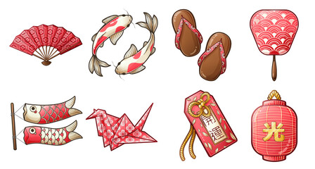 Bundle of hand drawn red japanese culture items illustrations -fan, koi fish, charm, origami, sandals, fish flags, lantern, paper fan