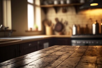Wooden table foreground and blurred kitchen background. Generative AI,