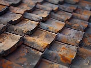 Detailed close-up of roof shingles or tiles, showcasing durability and craftsmanship.