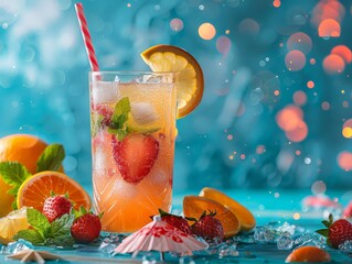 Bright and festive summer party flyer design featuring beach themes, cocktails, and colorful patterns, ideal for event promotions and invitations.