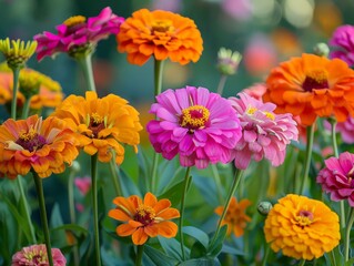 Zinnias complementing old-fashioned garden favorites like cosmos and marigolds, adding a whimsical touch to a cottage garden.