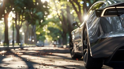Close up new front of silver car parked on street at parking lane with morning sunlight while driving pass through the forest. 