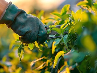 homeowner pruning plants in a backyard garden, wearing gardening gloves and using pruning shears, illustrating outdoor maintenance and green thumb activities.