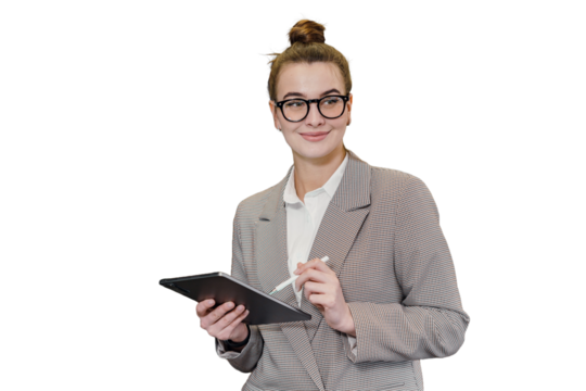 A businesswoman is seen using a tablet computer while wearing glasses and a jacket. The background has been cut out.
