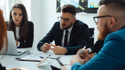 Business team collaborating in modern office, analyzing data, and discussing strategies