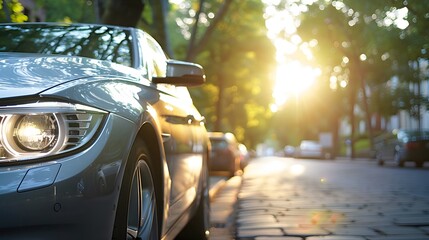 Close up new front of silver car parked on street at parking lane with morning sunlight while driving pass through the forest. 