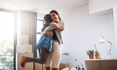 Real estate, mother and hug child to celebrate house sale, mortgage and property investment. Mom, girl and embrace kid for new home, relocation and success of happy family moving to dream apartment