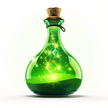 Green glass bottle with glowing magic potion