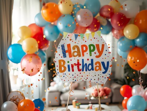 festive "Happy Birthday" sign with balloons, confetti, and bright colors around, ideal for personalizing birthday celebrations.