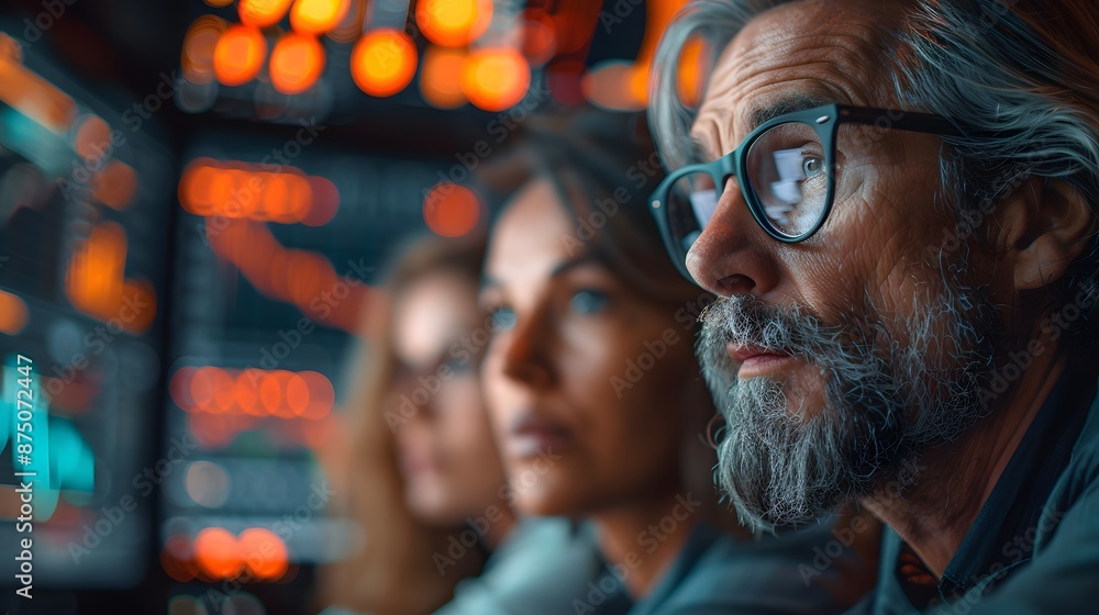 Poster focused professionals analyze complex data on multiple screens in a high-tech control room.