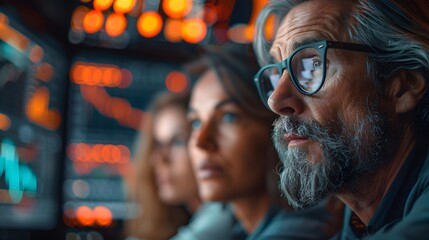 Focused professionals analyze complex data on multiple screens in a high-tech control room.