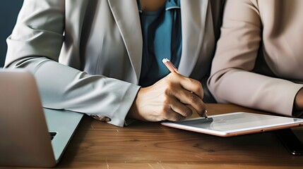 Two business professionals collaborating using a tablet and laptop in a modern office setting.