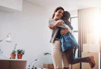 New home, mom and hug kid to celebrate house sale, mortgage and property investment. Mother, girl and embrace child for real estate, relocation and success of happy family moving to dream apartment