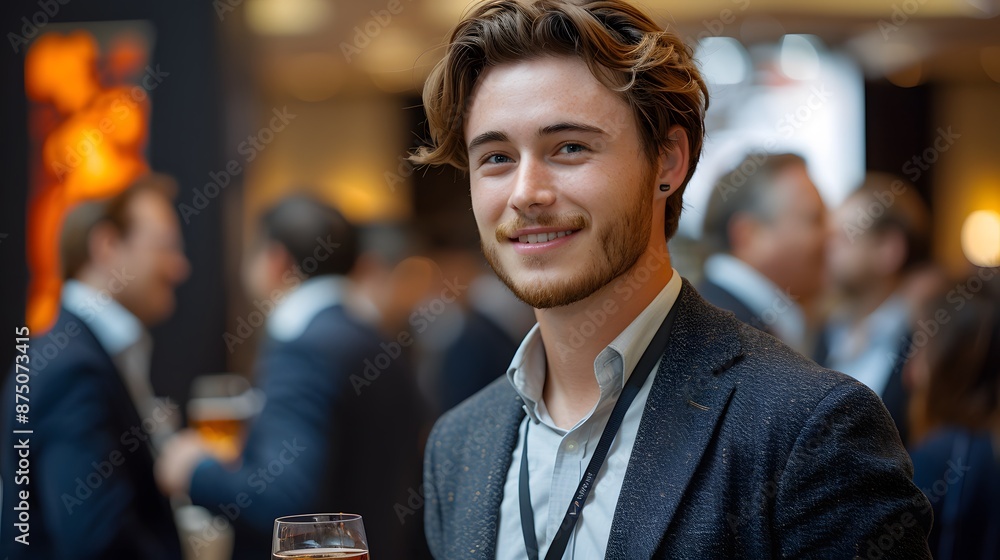 Poster young professional man smiling at a networking event with colleagues mingling in the background.