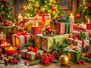 Vibrant wrapped gifts in various shapes and sizes overflow a beautifully set table, creating a festive atmosphere perfect for a special holiday celebration.