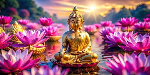 Fototapeta premium Vibrant purple and pink lotus flowers surround a serene golden Buddha statue, symbolizing spiritual enlightenment and peace on the sacred Vesak Day celebration.