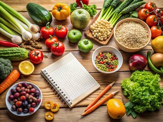 Fresh vegetables, fruits, and whole grains surrounded by papers, pens, and a notebook, showcasing a well-organized healthy eating plan on a wooden kitchen table.