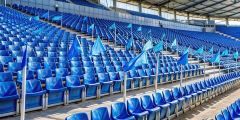 Vibrant blue seats and frenzy-inducing flags adorn an empty fan zone stand, capturing the electric atmosphere of a live match waiting to ensue.
