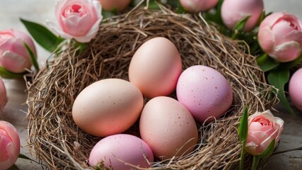 Fototapeta premium Pink Easter eggs in a basket