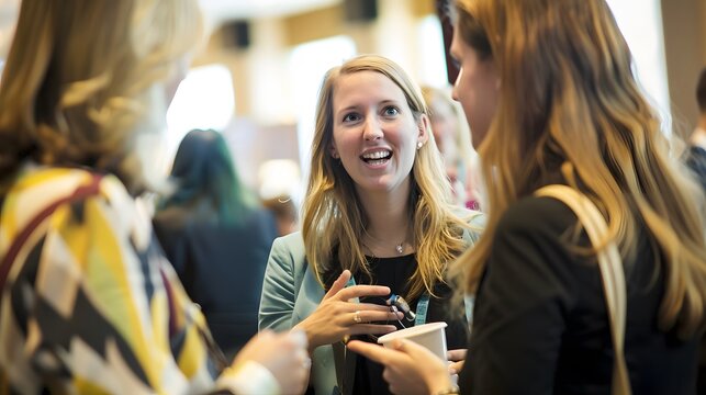 Professional women engaging in lively networking conversation at a business conference.