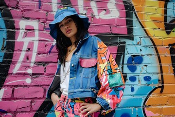 A model posing in front of a graffiti wall, wearing a denim bucket hat, cargo pants, and a bright, metallic jacket