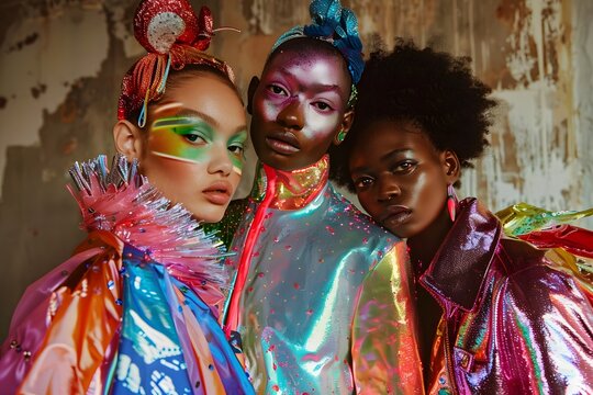 A Y2K-inspired fashion photoshoot featuring models in vibrant, metallic clothing with bold patterns and neon accessories 