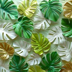 A green and white background with a variety of leaves and flowers