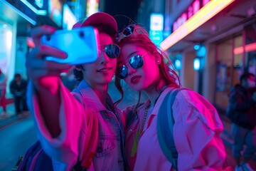 Fototapeta premium A couple in coordinated Y2K outfits, taking a selfie with an early 2000s digital camera in a neon-lit city street