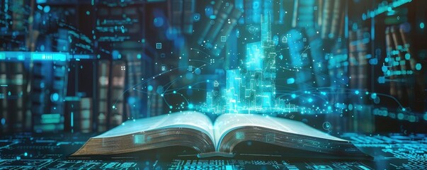 A glowing open book with digital elements emerging, representing knowledge, technology, and the future of information in a digital world.