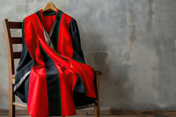 Graduation gown on a wooden chair against a textured wall, representing academic achievement and celebration.