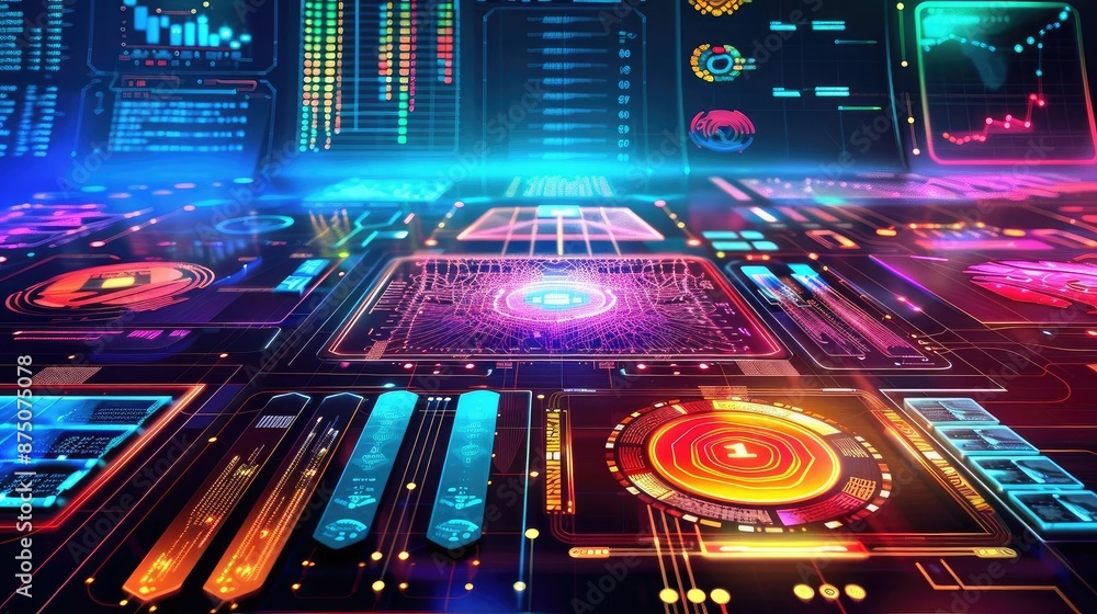 Poster futuristic digital interface with vibrant neon colors, graphs, and data visualizations depicting adv