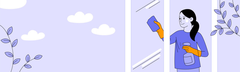 Horizontal banner or modern template decorated with woman washing window with cleanser in gloves. Housewife or worker of cleaning service. Web site or letter header. Spring flat vector illustration