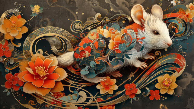 A white mouse adorned with colorful floral patterns, surrounded by vibrant flowers,  in a whimsical, artistic style.