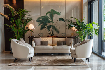 a contemporary foyer with modern sofa arm chairs and plants