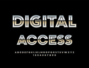Vector silver logo Digital Access. Exclusive Iron Font. Trendy Metallic Alphabet Letters and Numbers set.