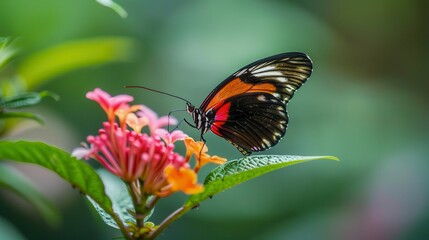 Close-up of a beautiful butterfly sitting on a flower, with detailed wing patterns. Macro shot of a butterfly
