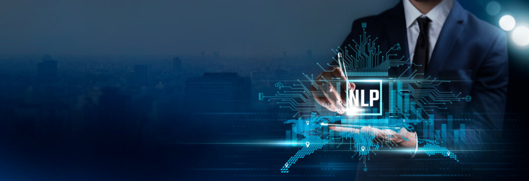 NLP: Businessman Touching the Smart Technology and Advanced Algorithms of Data Searching for Business and Marketing. Natural Language Processing Enhances Insights.