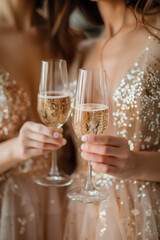 Girls in festive sparkly dresses holding glasses of sparkling wine..