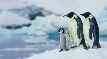 Fototapeta premium Family of emperor penguins on an ice floe, arctic scenery